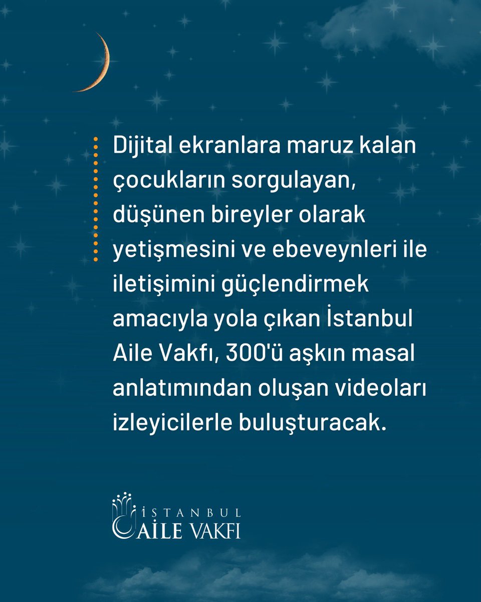 *İstanbul Aile Vakfı Masal Projesi* 

İstanbul Aile Vakfı, dijital ekranlara yoğun maruz kalan çocukların sorgulayan, düşünen ve değerlerle büyüyen fertler olarak yetişmesini desteklemek ve ebeveynleriyle iletişimlerini güçlendirmek amacıyla Masal Projesini hayata geçirdi.

Proje