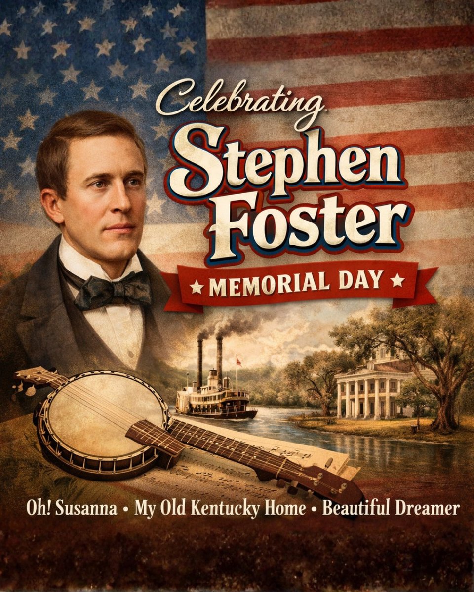 Stephen Foster Memorial Day on January 13th commemorates the music of the man who composed hundreds of America's first popular songs. 

#StephenFosterMemorialDay #StephenFoster #Holiday #January13th