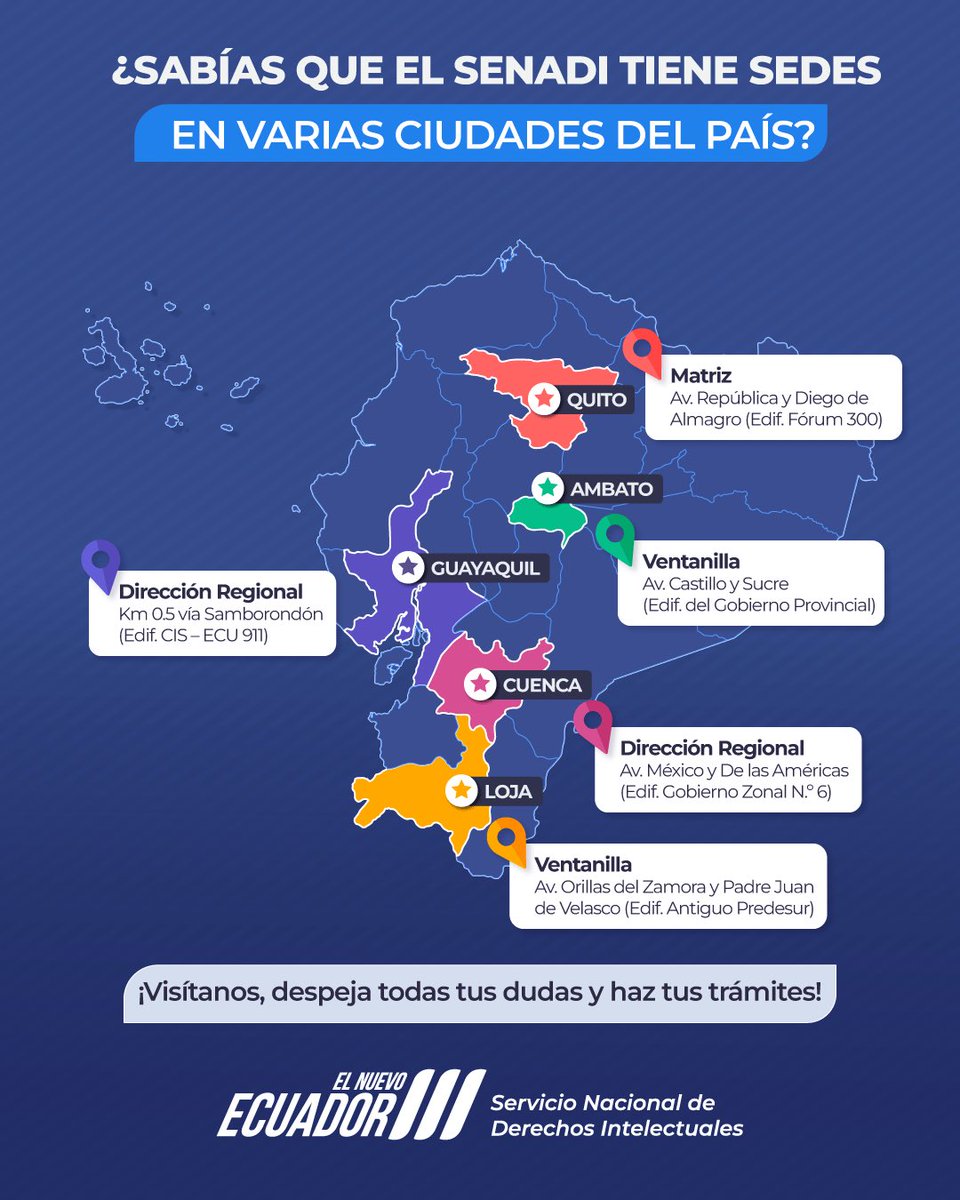 ¡SENADI está más cerca de ti! 👍

Contamos con puntos de atención en varias ciudades del país. 🤩

Más información aquí ⤵️
derechosintelectuales.gob.ec/nuestras-ofici…

#ElNuevoEcuador