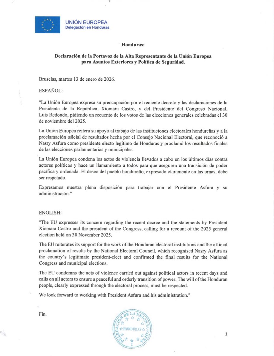 HONDURAS:

DECLARACIÓN DE LA PORTAVOZ DE LA ALTA REPRESENTANTE DE LA UNIÓN EUROPEA PARA ASUNTOS EXTERIORES Y POLÍTICA DE SEGURIDAD:

Bruselas, 13 de enero de 2026.

#EUDiplomacy

⬇️⬇️⬇️👇👇👇

eeas.europa.eu/eeas/honduras-…