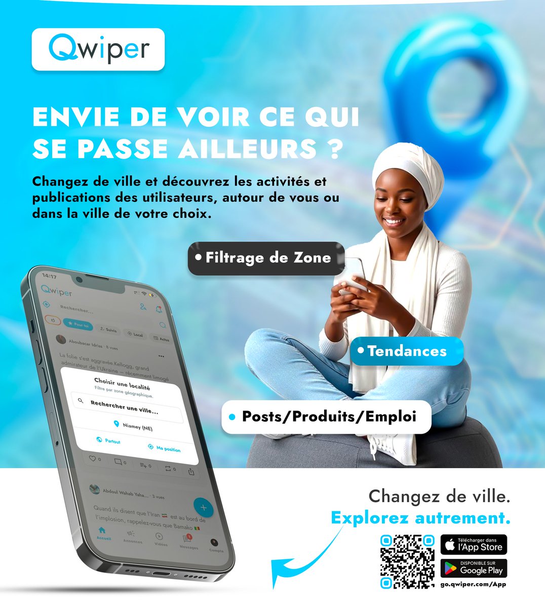 Envie de voir ce qui se passe ailleurs, au-delà de votre ville ?

Avec Qwiper, changez de zone en quelques secondes et découvrez tout ce qui s’y passe : publications des utilisateurs, tendances locales, produits à vendre et opportunités d’emploi.