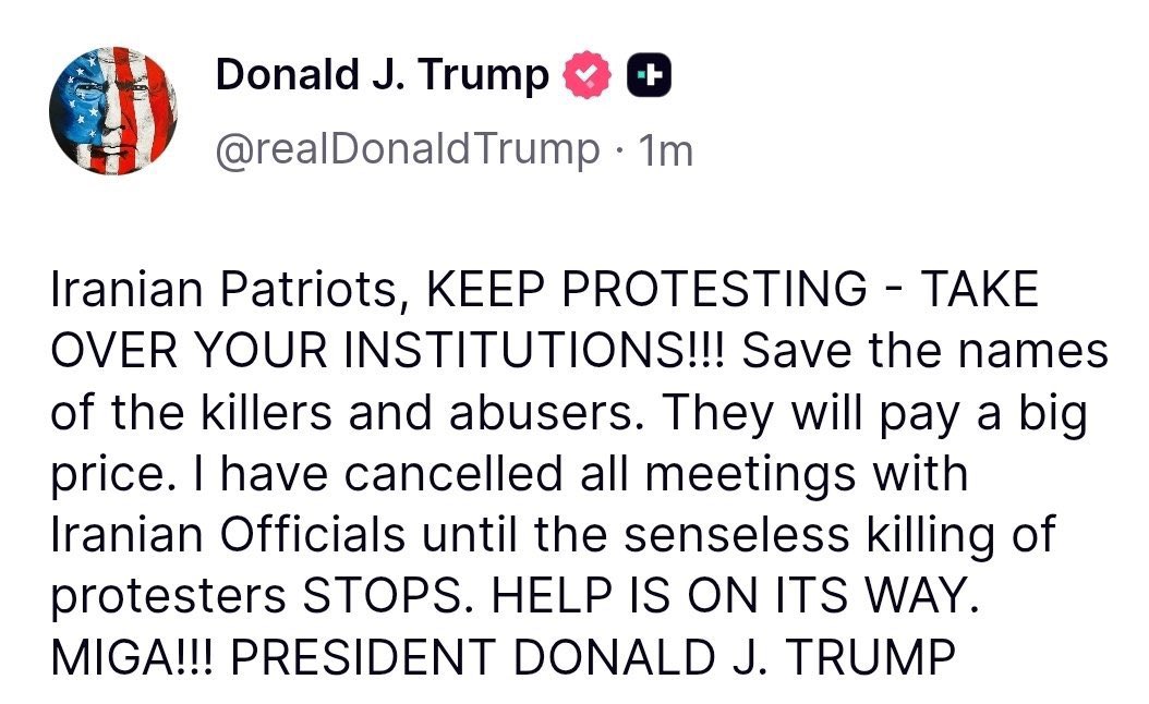 Tomorrow, the Iranian regime begins executing the protesters. Today is the last chance to stop it.

History will remember who acted, and who did not. <a href="/realDonaldTrump/">Donald J. Trump</a> this is the moment to effect real change. Do it!