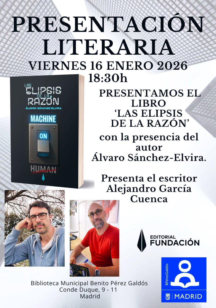 frescoyseco's tweet image. ¿Sin planes para el fin de semana?

Ven el viernes 16 a las 18:30 a la presentación de la nueva novela-ensayo del autor biológico @marroncin titulada “Las elipsis de la razón”, el Nuevo Evangelio de la #InteligenciaArtificial y la literatura cibernética.

Le acompaña un servidor.