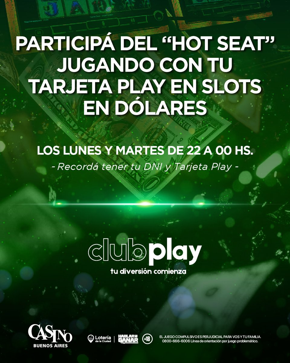 Enero se juega en grande 💚
Participá del #HotSeat en dólares y ganá USD en efectivo, en el acto.

📍 Lunes y martes | Slots en dólares
🎟️ Con tu Tarjeta Play
⏰ 22 a 00 hs

Viví la experiencia Casino Buenos Aires.
Jugá responsablemente | +18