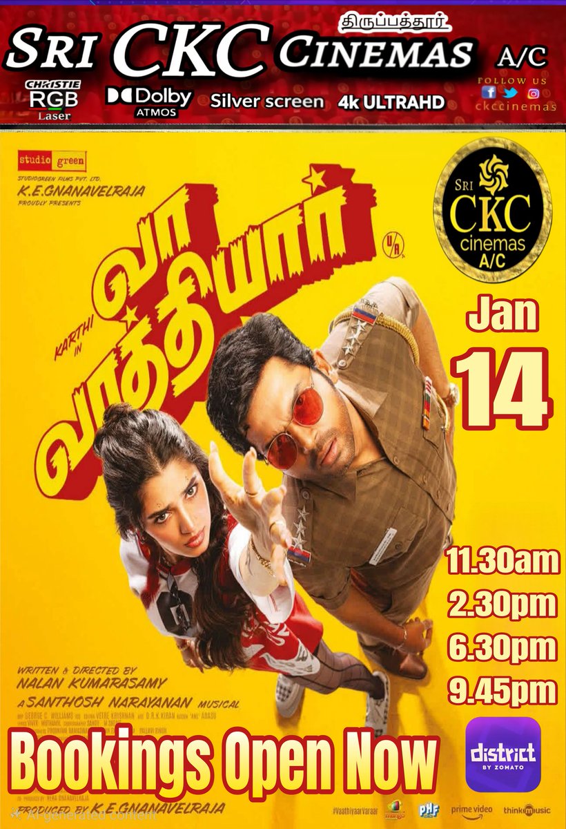 ckccinemas's tweet photo. #VaaVaathiyaarPongal Bookings Open Now @ckccinemas boxoffice &amp; #DistrictByZomato celebrate this festival with your family and friends @ckccinemas enjoy with Complete cinematic experience https://t.co/nsFW2X2Zis