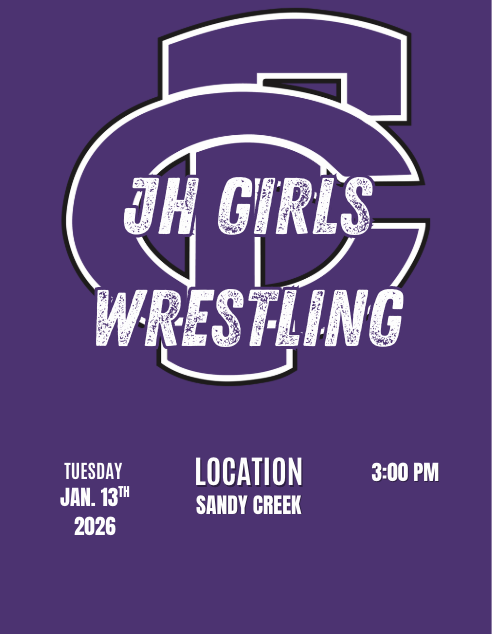 FCPSPanthers's tweet photo. 💜 JH Girls Wrestling MEET DAY! 💜 

🗓️ January 13
📍 Sandy Creek Jr./Sr. High School
⌚️ 3:00pm

#FCPantherProwl
Graphic created by Mrs. Wit's Digital Media class. https://t.co/InsYrcChS6