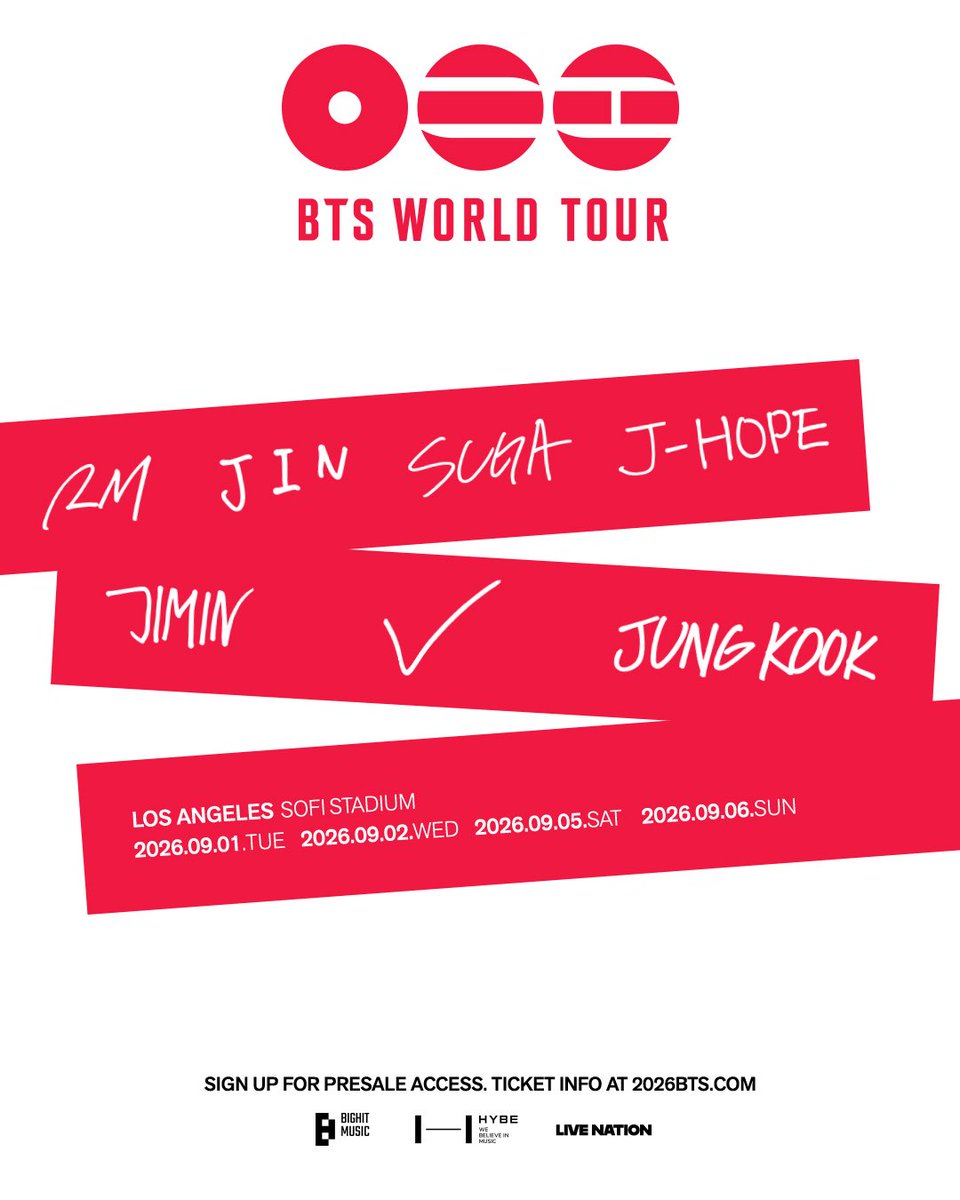 SoFiStadium's tweet image. SAVE THE DATE! BTS WORLD TOUR is officially coming to SoFi Stadium on September 1, 2, 5, and 6. GENERAL ONSALE begins Saturday, January 24 at 3pm PST. 
 
#방탄소년단 #BTS #BTS_WORLDTOUR #BTS_WORLDTOUR_LOSANGELES #BTS_WORLDTOUR_NA