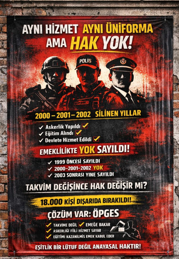 Polis Asker Memur Eşitlik MANİFESTOSU ⚖️
Aynı Görev – Aynı Devlet – Farklı Muamele

🇹🇷 Devlet adına görev yapanlar,
🪖 askerlik yapanlar,
👮‍♂️ polislik ve 🧑‍✈️ memurluk görevini üstlenenler;
aynı hizmete rağmen,
📆 tarihe göre ayrım görüyor.
Gerçek Şu:

🪖 Askerlikte geçen süre ve 🎓