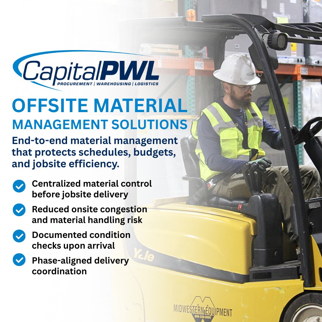 CapitalPWL's tweet photo. Protecting the schedule starts with controlling the flow of materials. From pre-delivery coordination to arrival documentation, our Offsite Material Management approach reduces site congestion and schedule risk.

#CapitalPWL #ProjectControls #MaterialTracking https://t.co/WH0sC5pSth
