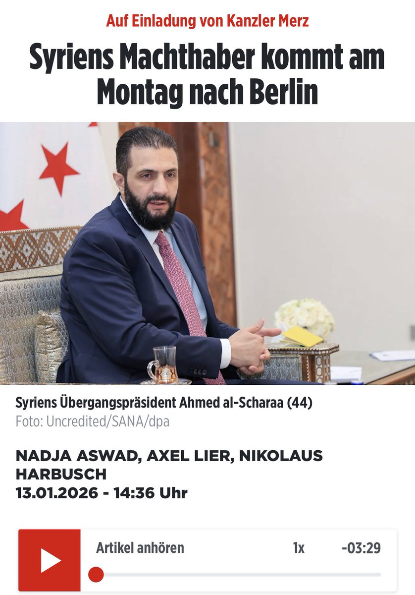 Tot goed twee maanden geleden stond Ahmed al-Scharaa nog op de terroristenlijst van de VS. Deze ongekozen islamist, wiens leger niet al te lang geleden druzen buitengerechtelijk liet executeren, komt nu op uitnodiging van <a href="/_FriedrichMerz/">Friedrich Merz</a> naar Berlijn 🤬 Er is dus ook hoop voor