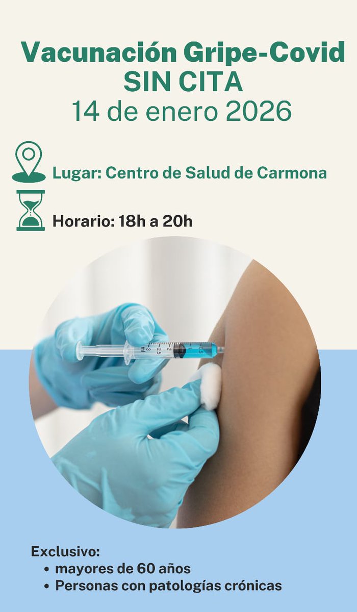 🇪🇦 𝐏𝐫𝐨𝐭𝐞𝐜𝐜𝐢ó𝐧 𝐂𝐢𝐯𝐢𝐥 𝐂𝐚𝐫𝐦𝐨𝐧𝐚 𝐢𝐧𝐟𝐨𝐫𝐦𝐚 🇪🇦
Para el día de mañana en el centro de salud de 18 a 20 horas te podrás vacunar de la gripe y/o Covid, recuerda que tu salud es la de todos.