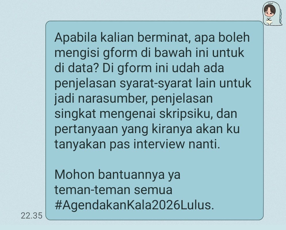 mafmuyu's tweet image. (HELP RT)

Halo teman-teman! Aku mencari 7-10 orang yang masih bermain gen-RP (idol gen 4 ke atas) dan melakukan UPCHAR untuk menjadi narasumber pada skripsi ku.

(Keterangan selanjutnya boleh baca gambar di bawah).

Terima kasih teman-teman semua! 🩷
forms.gle/DoKppvcJuDdzjH…