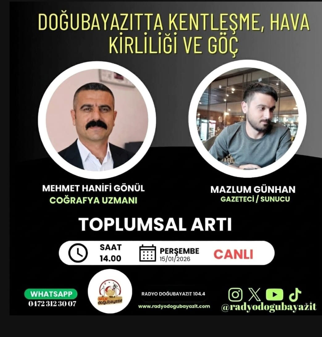 Coğrafya Uzmanı Mehmet Hanifi Gönül ile Doğubayazıt'taki hava kirliliği, göçler ve kentleşme konularını ele alıyoruz. Toplumsal Artı, Perşembe saat 14'te Mazlum Günhan'ın sunumuyla Radyo Doğubayazıt'ta.