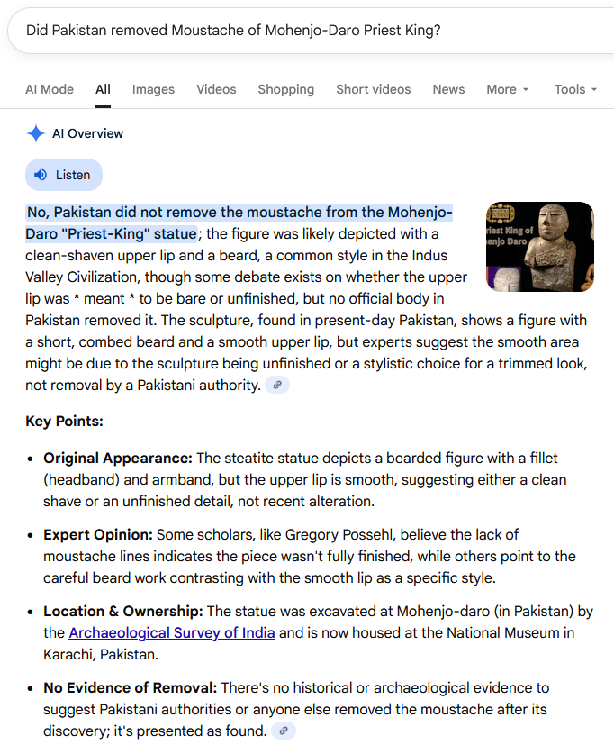 smfaizhaider's tweet photo. @GYertien @KirenRijiju Heights of misinformation...anyways truth is just a simple Google search away. To find  the truth Google..."Did Pakistan removed Moustache of Mohenjo-Daro Priest King?" https://t.co/BXo2YCR9qB