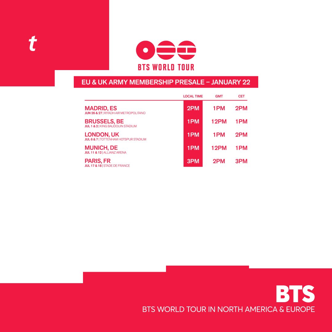 🎟 BTS Presale &amp; Onsale Info (1/2)

ARMY MEMBERSHIP PRESALE: Thu, Jan 22nd &amp; select shows on Fri, Jan 23rd

🎫: bit.ly/3LxULs3