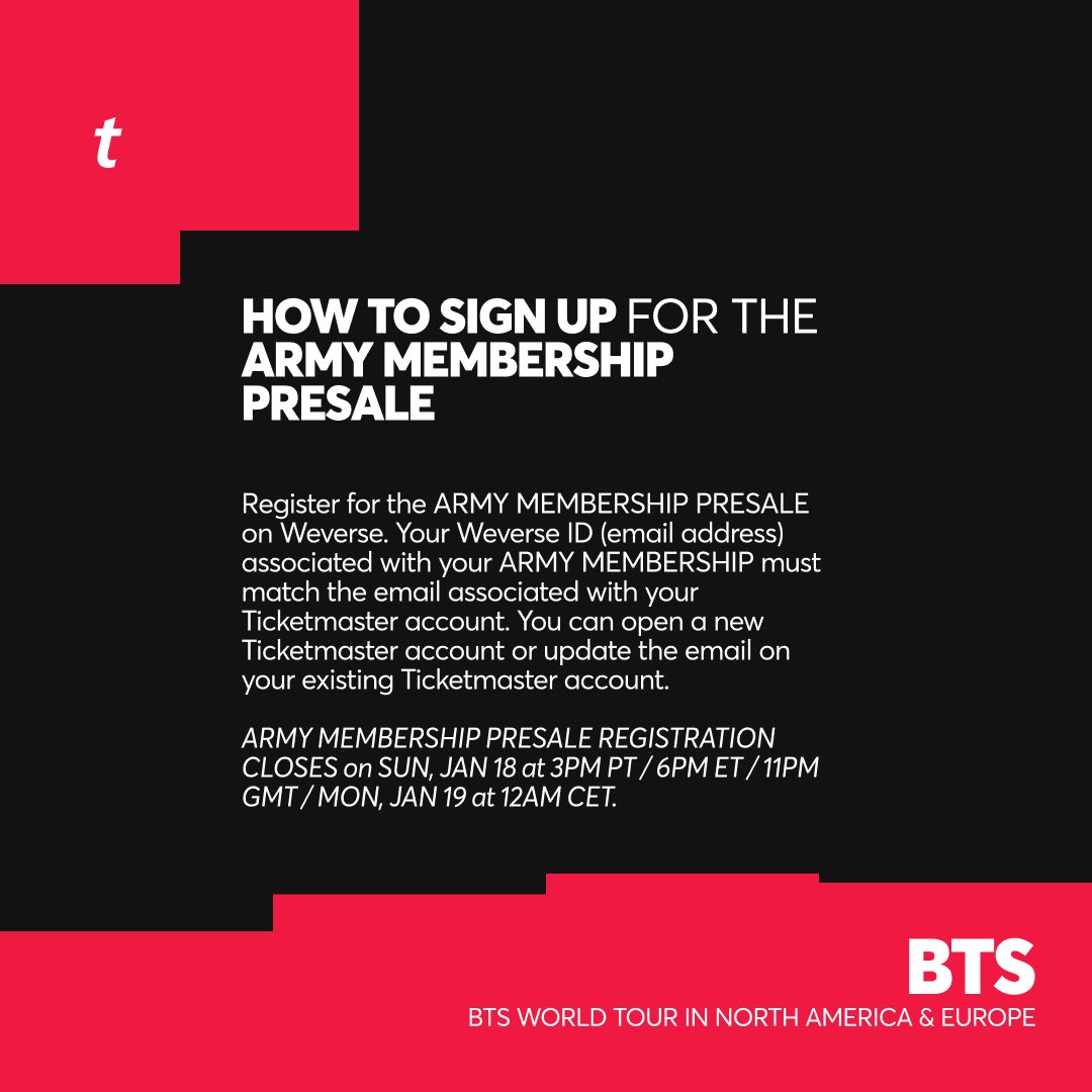 Ticketmaster's tweet image. 📲 To participate in the @bts_bighit ARMY MEMBERSHIP PRESALE, you must have an ARMY MEMBERSHIP (US or GLOBAL) on Weverse with an email associated with your Ticketmaster account. 

Here’s more info on how to sign up and be eligible for the presale. ⬇️

🎫: bit.ly/3LxULs3