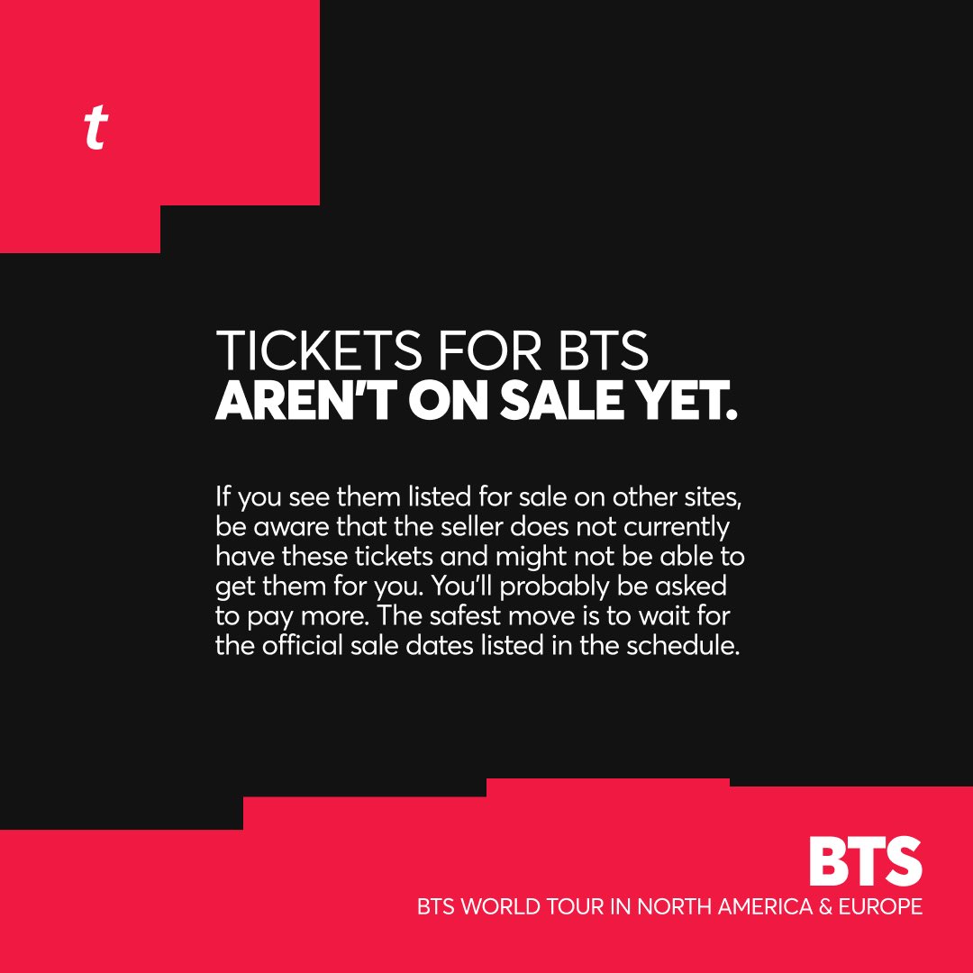 Ticketmaster's tweet image. ⚠️ Tickets for BTS aren’t on sale yet. If you come across any before the official sale, be careful, they may not be valid or priced fairly. The safest move is to wait for the official sale dates listed in the schedule.

🎫: bit.ly/3LxULs3