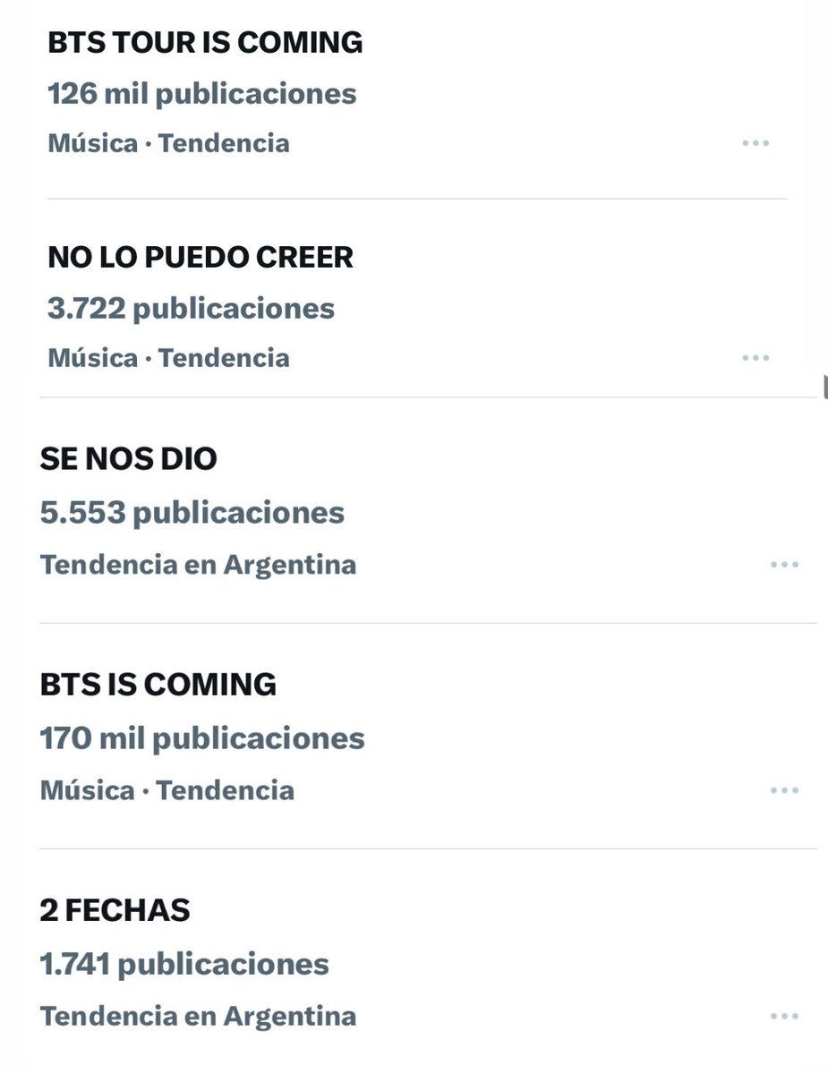 unpocotendencia's tweet image. “BTS”

Porque así lucen las tendencias en Argentina luego del anuncio de BTS en el Estadio River Plate el 23 de Octubre de 2026.