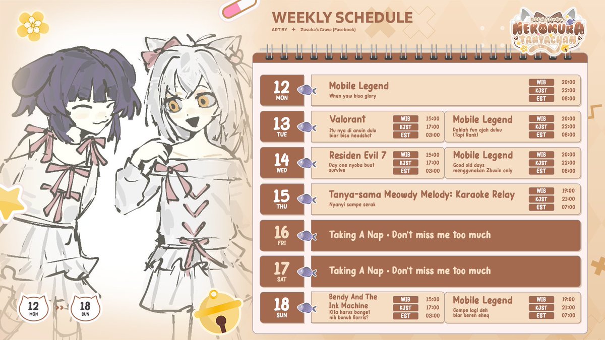 🪐 SCHEDULE 12 - 18 JAN! 🪐

Misiii, schedule Tanya minggu ini mau lewattt~ 💨

🪐General: #NekomuraTanyachan
🪐Streams: #TanyaOnAir
🪐Meme: #TanyaLMAO
🪐Fanart: #TanyaCreativity
🪐Fanname: #WargaNekonation
