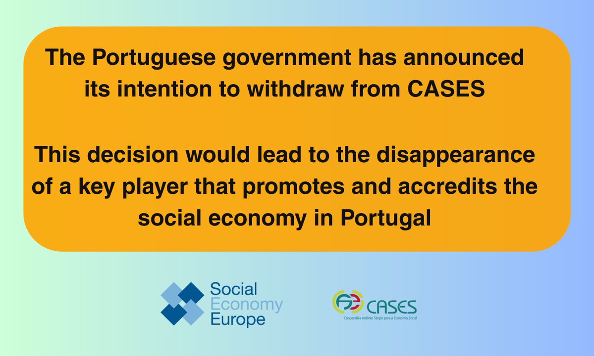 ⚠️The future of CASES - Cooperativa António Sérgio para a Economia Social- is at risk.

👉<a href="/japedreno/">Juan Antonio Pedreño</a>, President of SEE, sent a letter to the Portuguese Minister for Labour, Solidarity &amp; Social Security, requesting a meeting to explore possible solutions.

shorturl.at/Im2aY