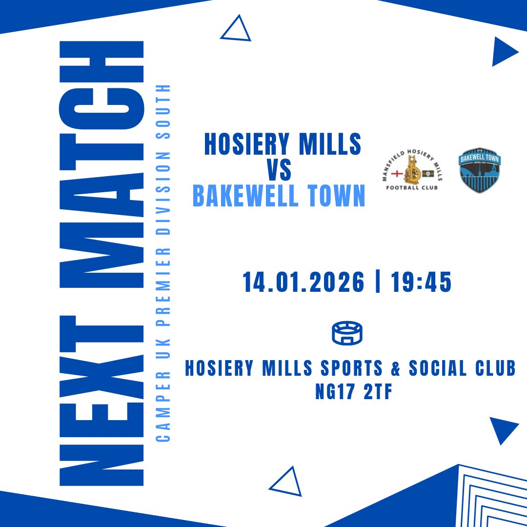 The Mills are finally back in action this week with a game under the lights vs <a href="/BakewellTownFC/">Bakewell Town FC</a> 

⏰19:45
🏟️Mansfield Hosiery Mills Sports &amp; Social Club
📍NG17 2TF

Up the Mills💙🤍

#UpTheMills #MHMFC