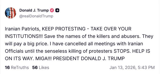 ایران میں جب مظاہرے شروع ہوئے وہ مقامی مسائل پر تھے جب ٹرمپ  نے ایران پر حملوں کی بات کی مظاہرین کی مدد کی بات کی اس دن کہا تھا ٹرمپ اگر ایران میں مداخلت کرے گا اس سے الٹا نقصان ہو گا ایران کے عوام کو خود اپنی جدوجہد کرنے دیں