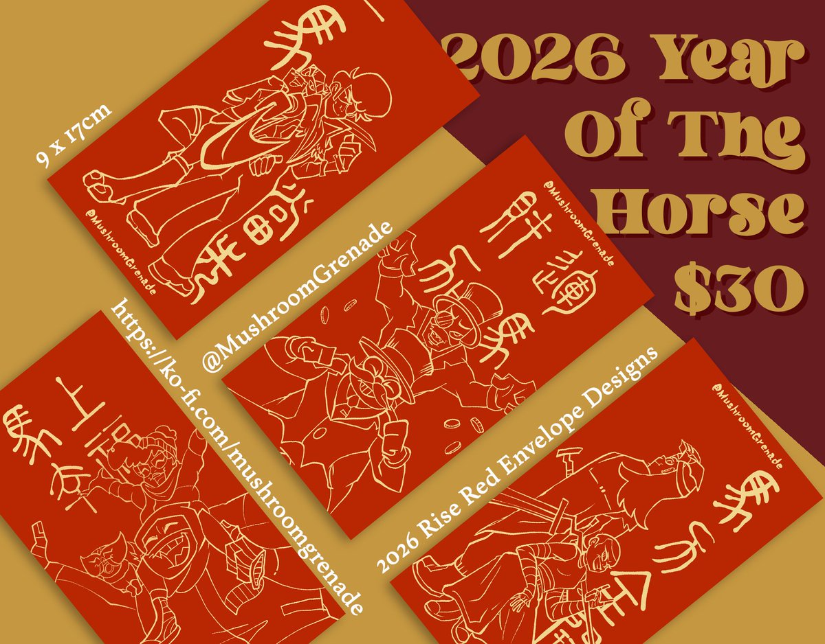🧧Happy New Year! So it's the horse year, and I'm a horse, so to go back to my roots (My first rise merch were new year standees. Your never getting them EVER again they sold like SHIT) 
I'm making Rise themed red envelopes! With horse wishes! (And puns)

ko-fi.com/mushroomgrenad…