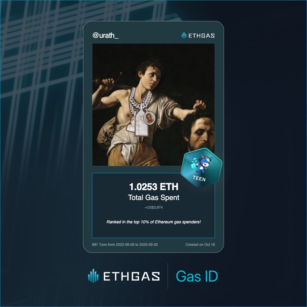 Discovered my Gas ID via ETHGas - turning my gas spend into rewards 🫘

As a Teen Jack, I've spent 1.0253 ETH on gas but earned 490 Beans back.

Get your Gas ID and Beans here: ethgas.com/community/gas-…