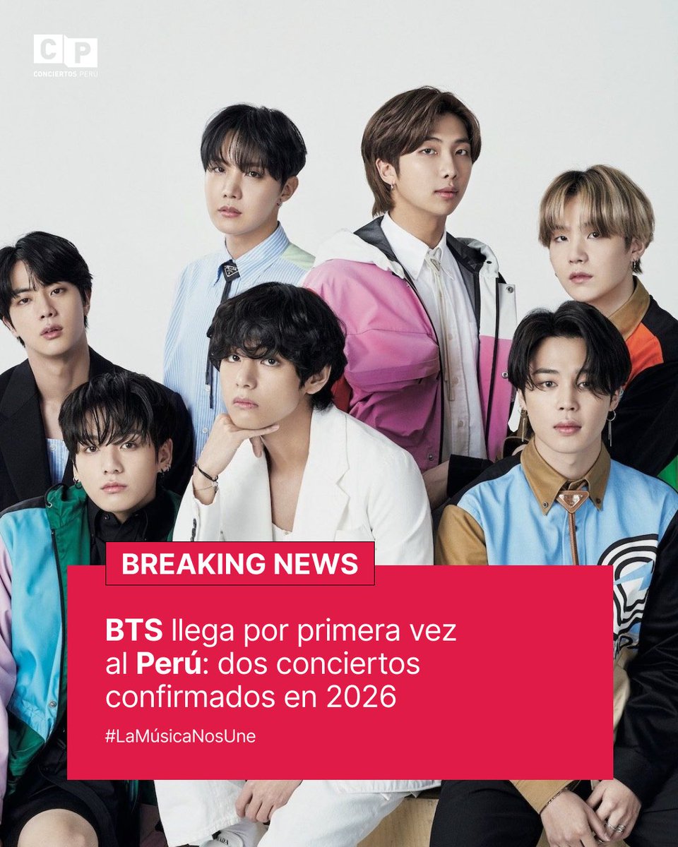 conciertosperu's tweet image. 💜🎤 Oficial: #BTS anuncia su BTS World Tour y Perú aparece con dos fechas el 9 y 10 de octubre de 2026. El anuncio ya aparece en su web oficial.

🎫 Pronto anunciaremos más información sobre precios, local y todos los detalles del show.
#LaMúsicaNosUne #BTS #ARMY