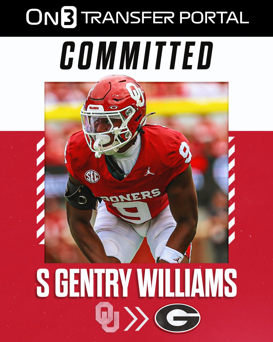TransferPortal's tweet image. BREAKING: Oklahoma transfer safety Gentry Williams has committed to Georgia, @Hayesfawcett3 reports🐶

on3.com/college/georgi…