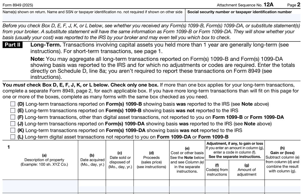 This year, Form 8949 will look different. In the past, we checked box C/F  for crypto transactions, but the 2025 8949 has boxes G/H/I and J/K/L to  specifically report crypto transactions.