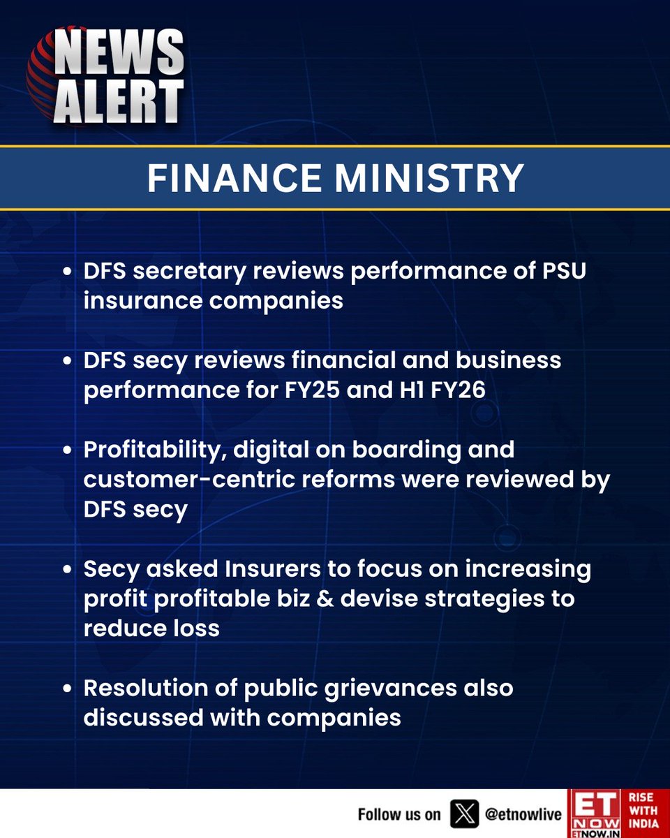 ETNOWlive's tweet image. #NewsAlert | Finance Ministry: DFS secretary reviews performance of PSU insurance companies

@FinMinIndia #PSU #insurance @DFS_India #NirmalaSitharaman