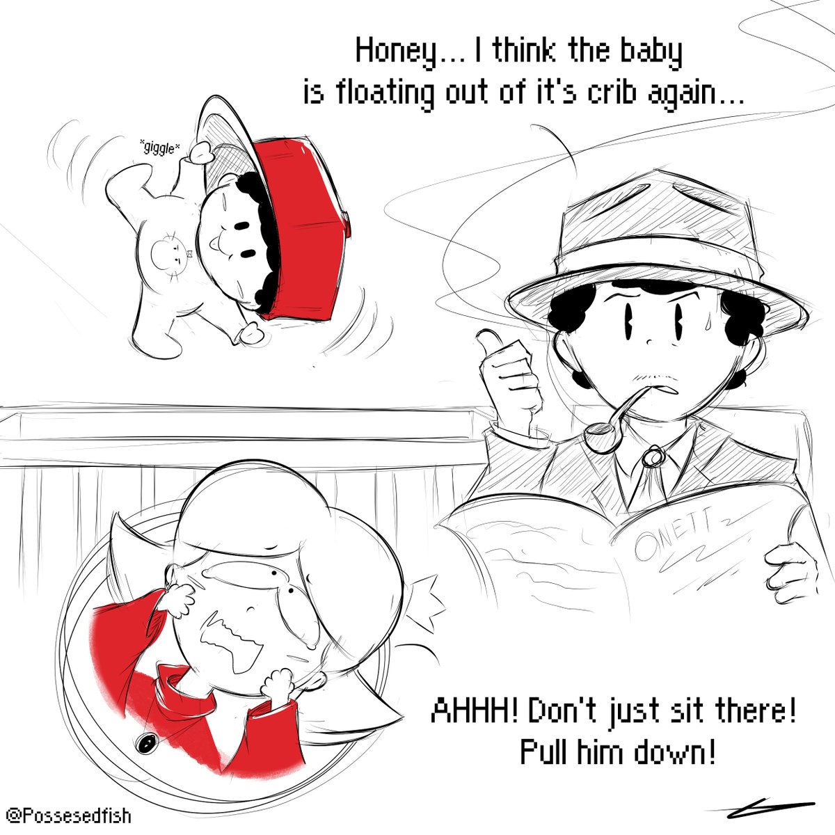 possesedfish's tweet image. Being a new parent is always hard, especially when your baby has telekinesis
