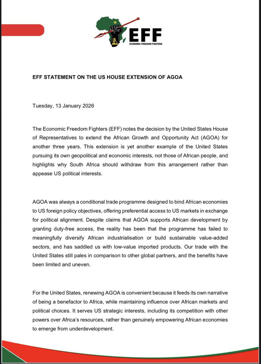 EFFSouthAfrica's tweet image. The EFF’s Statement on the US House Extension of AGOA 

-The extension also comes at a time when the US is intensifying economic coercion in other areas of global politics, reinforcing that its “partnerships” are tactical, increasingly aggressive, and not rooted in mutual…