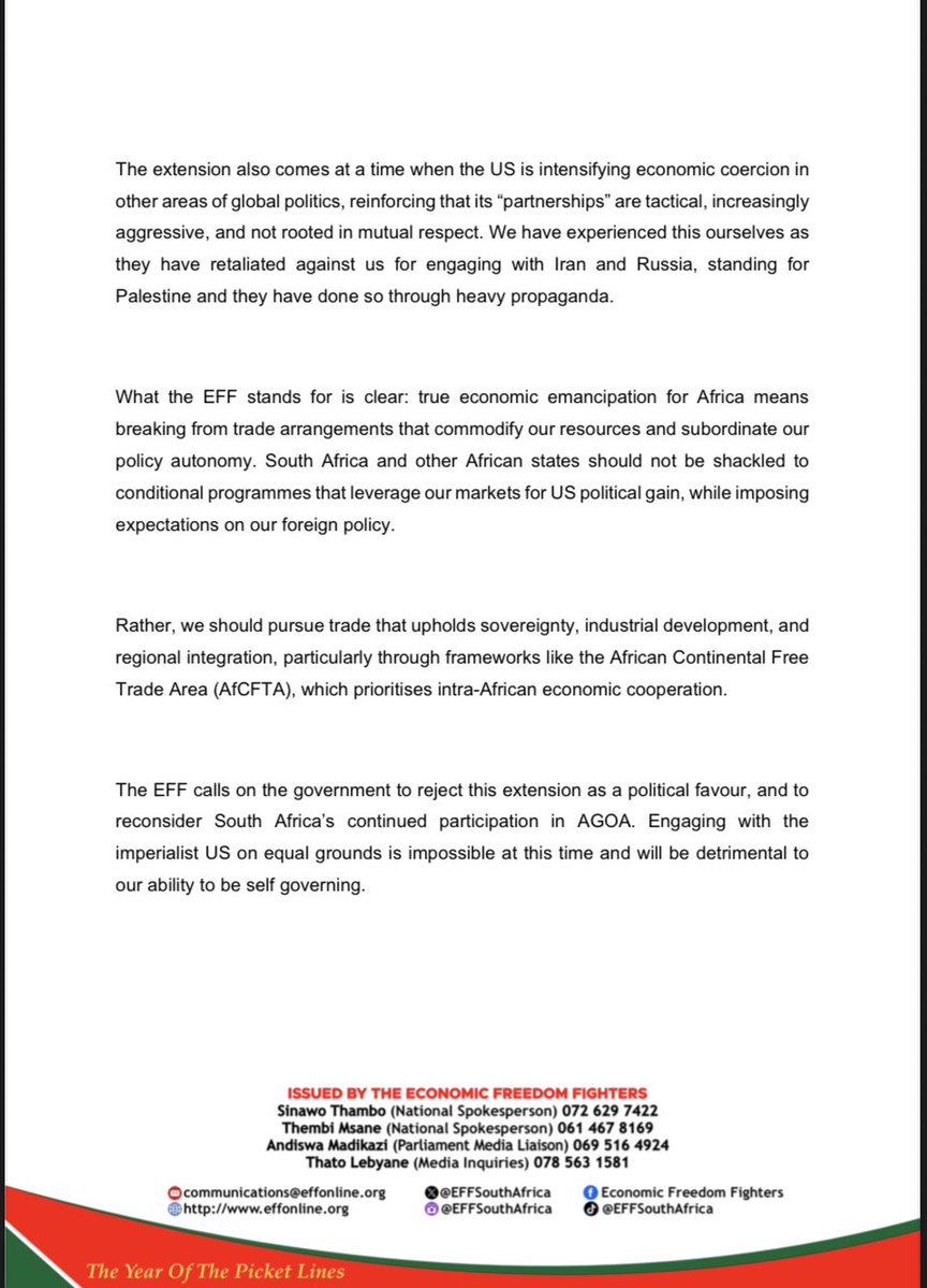 EFFSouthAfrica's tweet image. The EFF’s Statement on the US House Extension of AGOA 

-The extension also comes at a time when the US is intensifying economic coercion in other areas of global politics, reinforcing that its “partnerships” are tactical, increasingly aggressive, and not rooted in mutual…