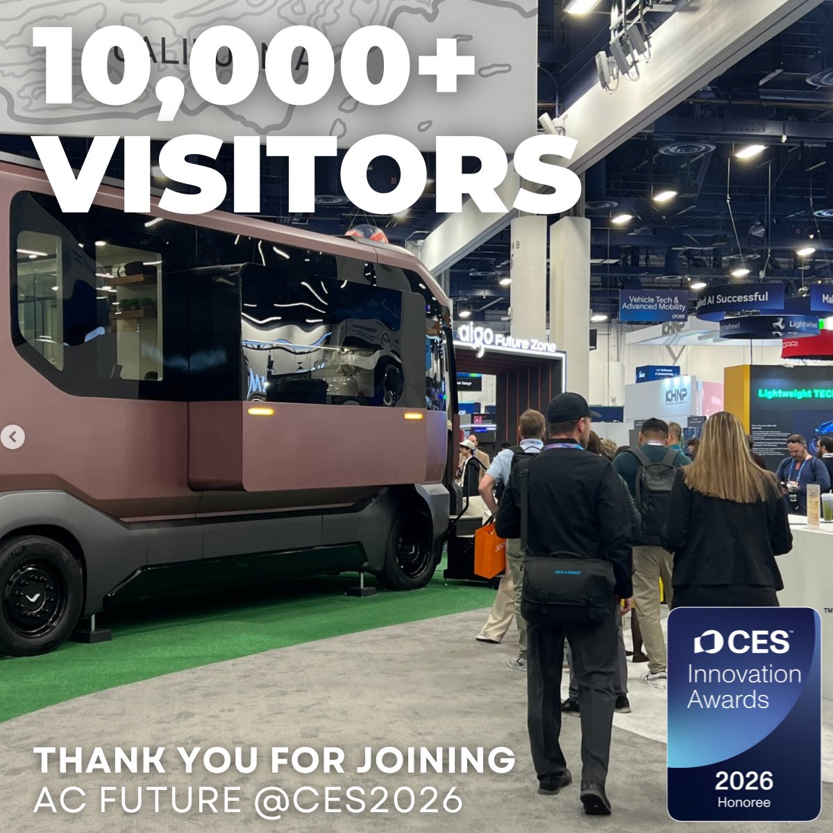 Proud moment for AC Future at CES 2026. We welcomed over 10,000 visitors to our booth, where they experienced our vision for the AI Transformer Home Trailer. Thank you to the special guests, customers, partners, investors, and media who made CES 2026 a success. #CES #CES2026