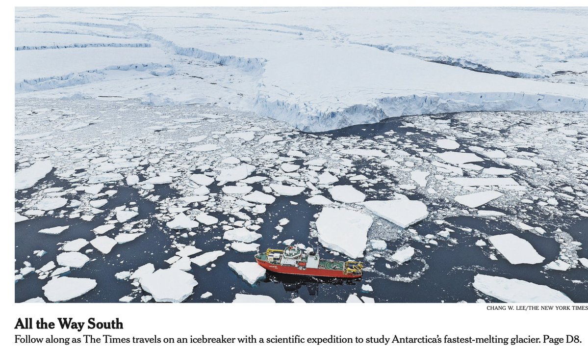 JunkScience's tweet image. NYTimes front-page photo fraud: (1) It's summer in Antarctica; (2) there's been no warming in West Antarctica in 25 years; (3) the Thwaites (Doomsday) glacier is melting from beneath (where there is volcanic activity); and (4) there will always be scattered ice near the coast –…