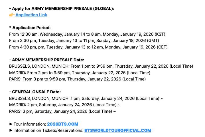 USBTSARMY's tweet photo. [NOTICE] BTS WORLD TOUR IN NORTH AMERICA & EUROPE Ticket Information
12 North American Cities starting April 25!
Tampa, El Paso, Mexico City, Stanford (CA), Las Vegas, East Rutherford, Foxborough, Baltimore, Arlington, Toronto, Chicago, Los Angeles.
5 European Cities starting June 26!
Madrid, Brussels, London, Munich & Paris
Official ARMY members (US/Global) apply for pre-sale NOW!
pre-sale application links and more: https://t.co/qI4GmGYFiR

Tour info: https://t.co/OnfaaViOF1
Ticket info: https://t.co/uQ4wl2iaHJ

#BTSComeback2026