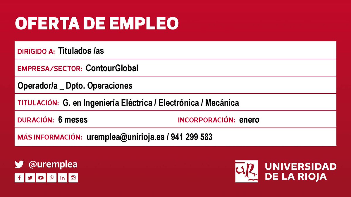 ♦️Oferta #empleo #TituladosUR <a href="/unirioja/">Universidad de La Rioja</a> #IngenieríaElectrónica #IngenieriaMecánica #IngenieriaEléctrica Sector: electricidad ¡Inicio: enero! Más info: ➡️bit.ly/3onDlmw