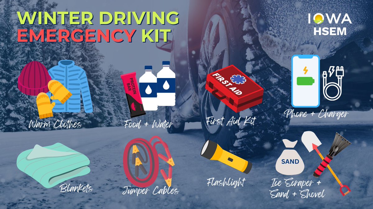 IowaHSEM's tweet photo. Every car should have an emergency supply kit in the trunk. If you haven't done it already, packing a kit should be at the top of your list. Before you hit the road this winter, check road conditions at https://t.co/K9WzpP7V2m.
https://t.co/hofpI3TwVR #ReadyIA #BuildAKit https://t.co/XAxe1lfoqp