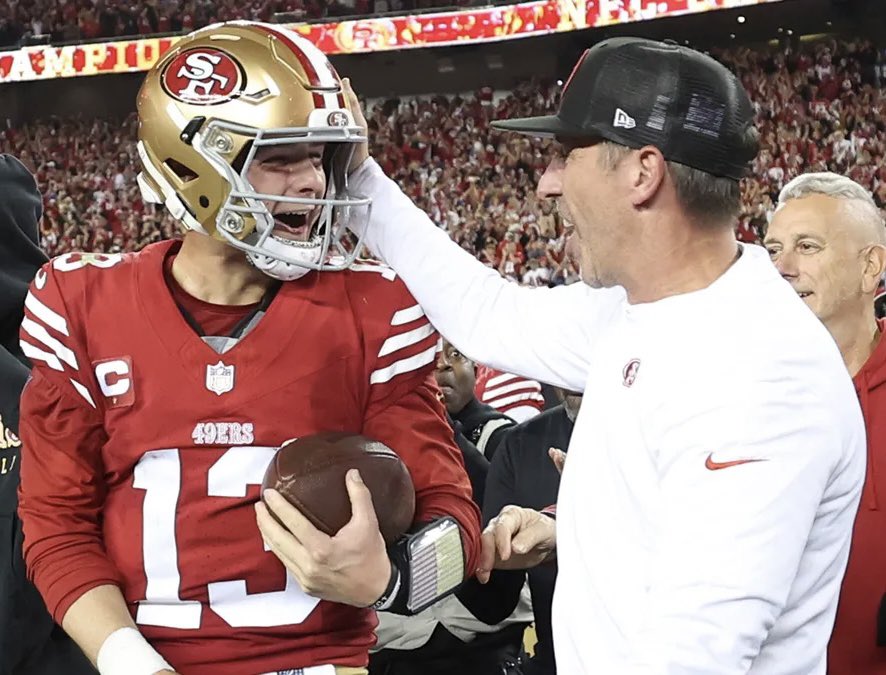 Coach_Yac's tweet photo. Brian Baldinger on why he would take Nick Sirianni and Jalen Hurts over Kyle Shanahan and Brock Purdy as his HC-QB combo to start a franchise:

“When I was asked the question, immediately I thought Super Bowls. Sirianni and Hurts are just coming off a Super Bowl win and a Super Bowl MVP… One thing I’ve learned about when you win a Super Bowl, they can never take it away from you. That’s all I thought about when I was asked the question. And I was definitive. Does that negate any positivity on what Kyle Shanahan and Brock Purdy are doing? Absolutely not. But it’s about winning championships.”

via: @957thegame