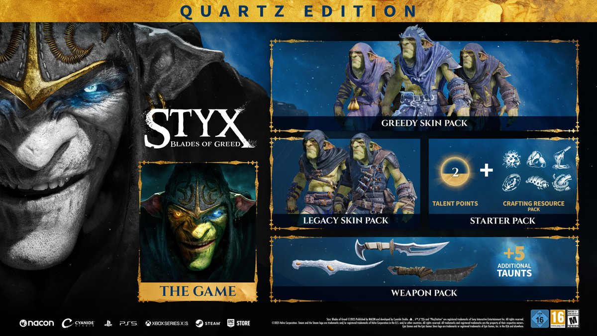 StyxVideoGames's tweet image. You can pre-order Styx: Blades of Greed right now!  

Pre-order the Standard Edition or grab the Quartz Edition (Deluxe), if you’ve got a taste for the finer, shinier things ✨
nacongaming.com/en-US/styx-bla…