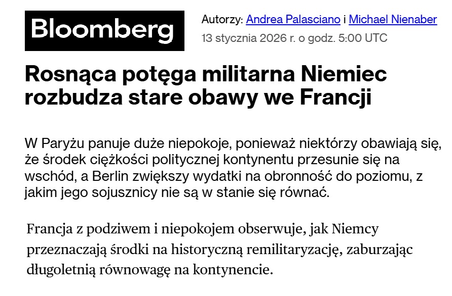 PawelSokala's tweet image. BLOOMBERG: W Paryżu narastają obawy o konsekwencje remilitaryzacji Niemiec

We Francji wielu obawia się, że długofalowe skutki zmiany równowagi sił na kontynencie europejskim okazać mogą się niebezpieczne - zwłaszcza w kontekście rekordowo wysokich notowań nacjonalistycznej AfD.
