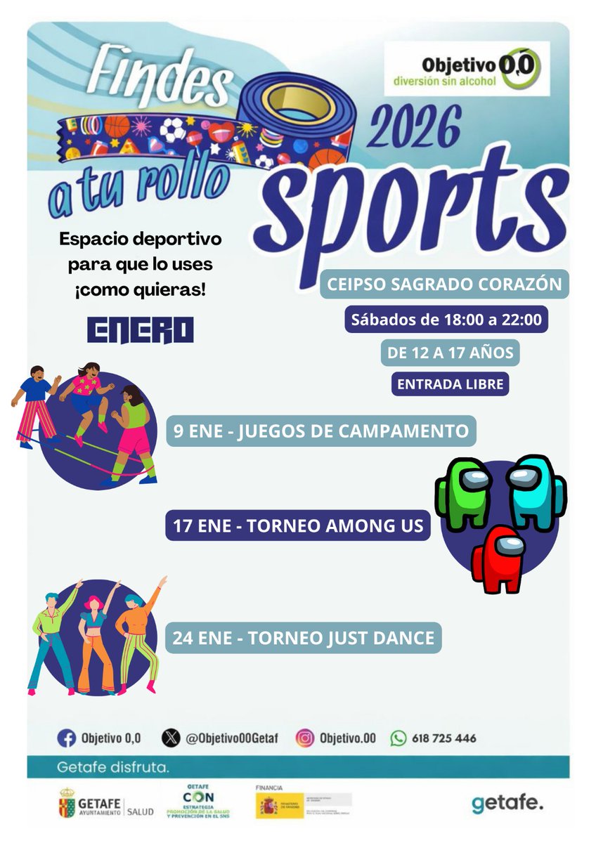 Findes a tu rollo Sports en el CEIPSO Sagrado Corazón. Espacio deportivo libre y con actividades especiales:
✅ 9 ENE: Juegos de campamento
✅ 17 ENE: Torneo Among Us 
✅ 24 ENE: Torneo Just Dance

🕘 18:00 a 22:00 h 👥 12 a 17 años 
🎟️ ENTRADA LIBRE
<a href="/getafejoven/">GETAFE JOVEN</a>
<a href="/aytogetafe/">Ayuntamiento Getafe</a>