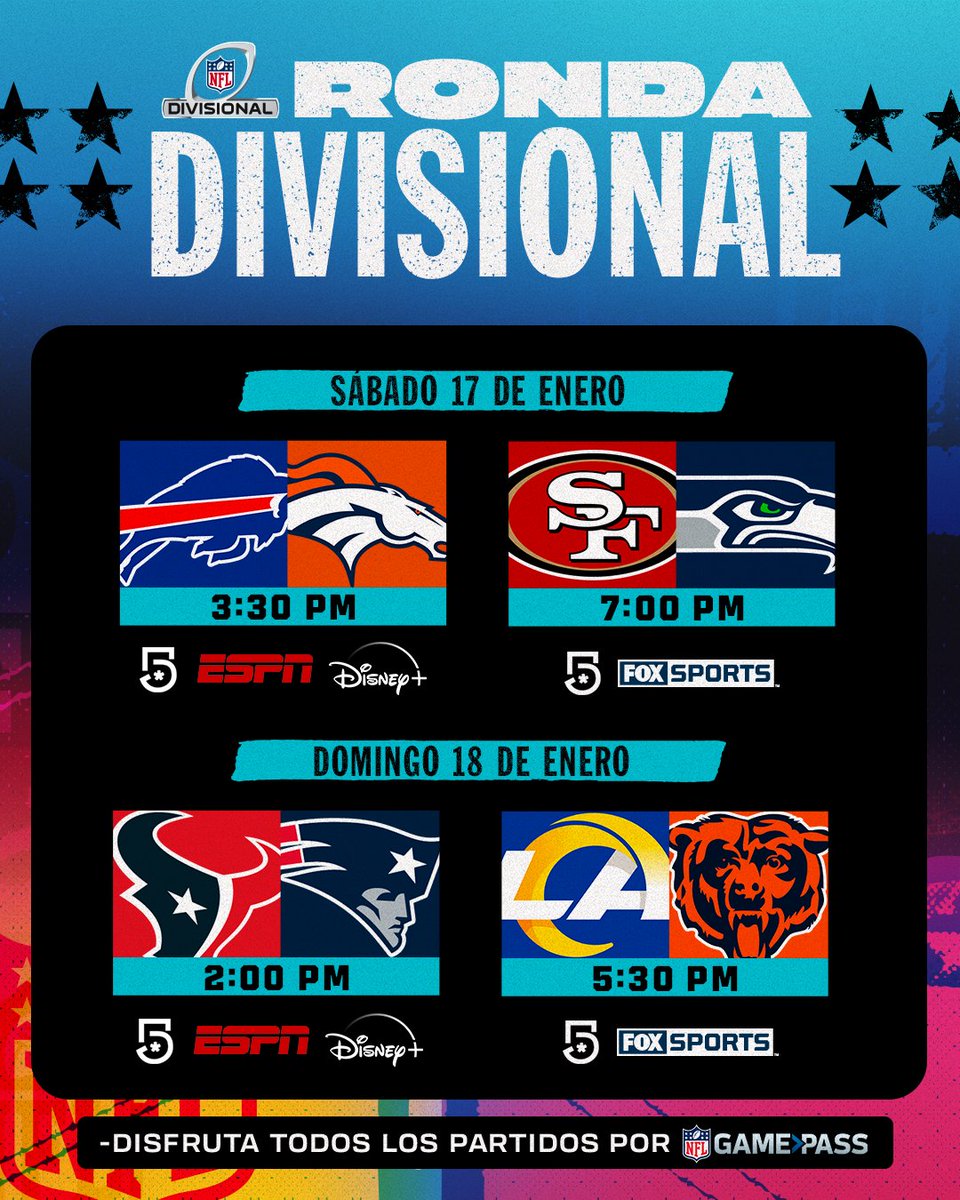 Todo listo para la Ronda Divisional de la NFL. 🏈
¿Qué equipos llegarán a las finales de conferencia? 🙌

📺📱: <a href="/TUDNMEX/">TUDN MEX</a> por <a href="/MiCanal5/">El 5</a> | <a href="/FOXSportsMX/">FOX Sports MX</a> | <a href="/ESPNmx/">ESPN.com.mx</a>, <a href="/disneyplusla/">Disney+ Latinoamérica</a> | #NFLGamePass