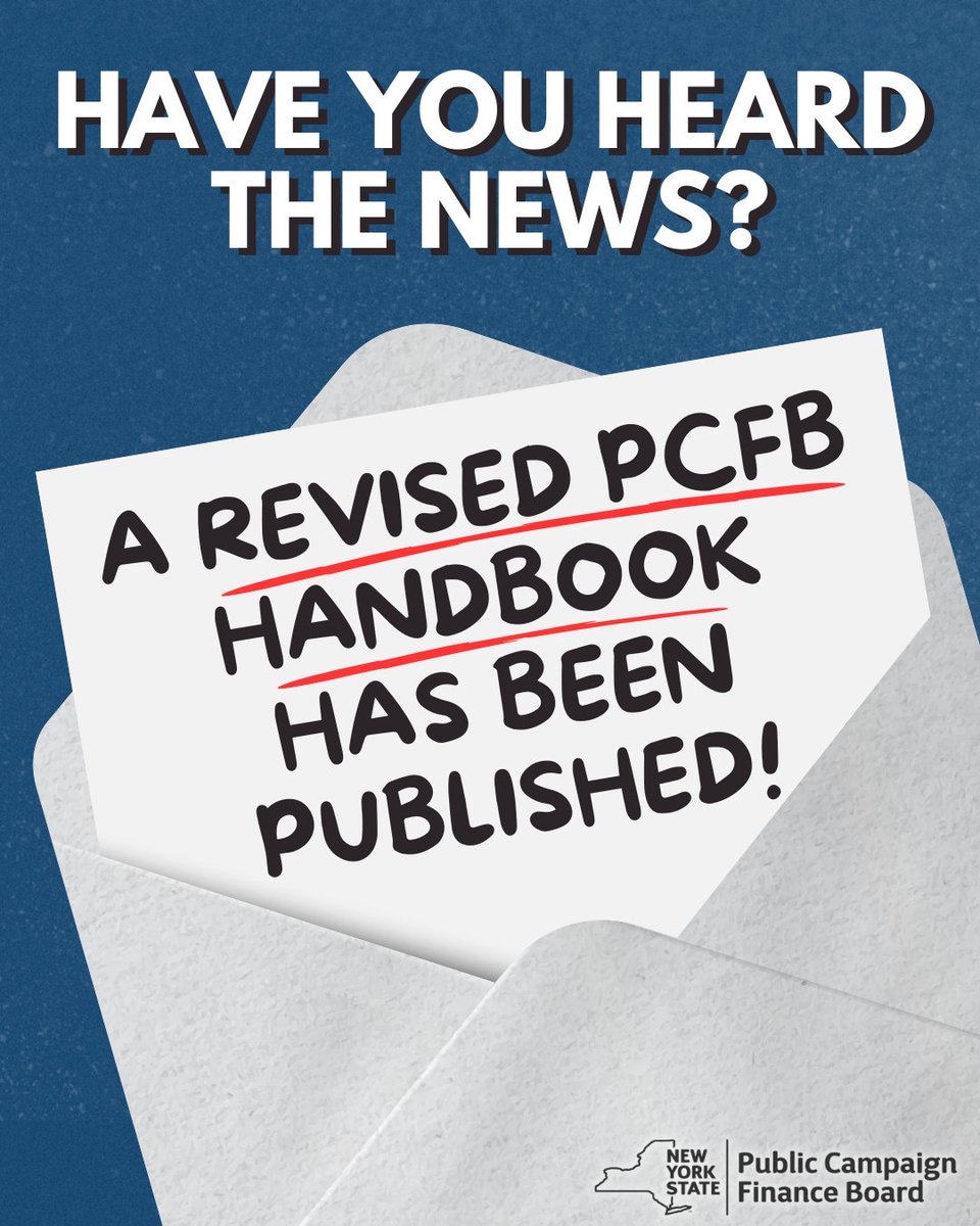 NYSPCFB's tweet photo. The PCFB Handbook - an important resource for candidates, treasurers, and campaign staff - has been updated with changes to the Program as passed by the state legislature and signed into law by the Governor last year. Check it out now at https://t.co/nvG4l12TTC! https://t.co/TfAWm4LSYE