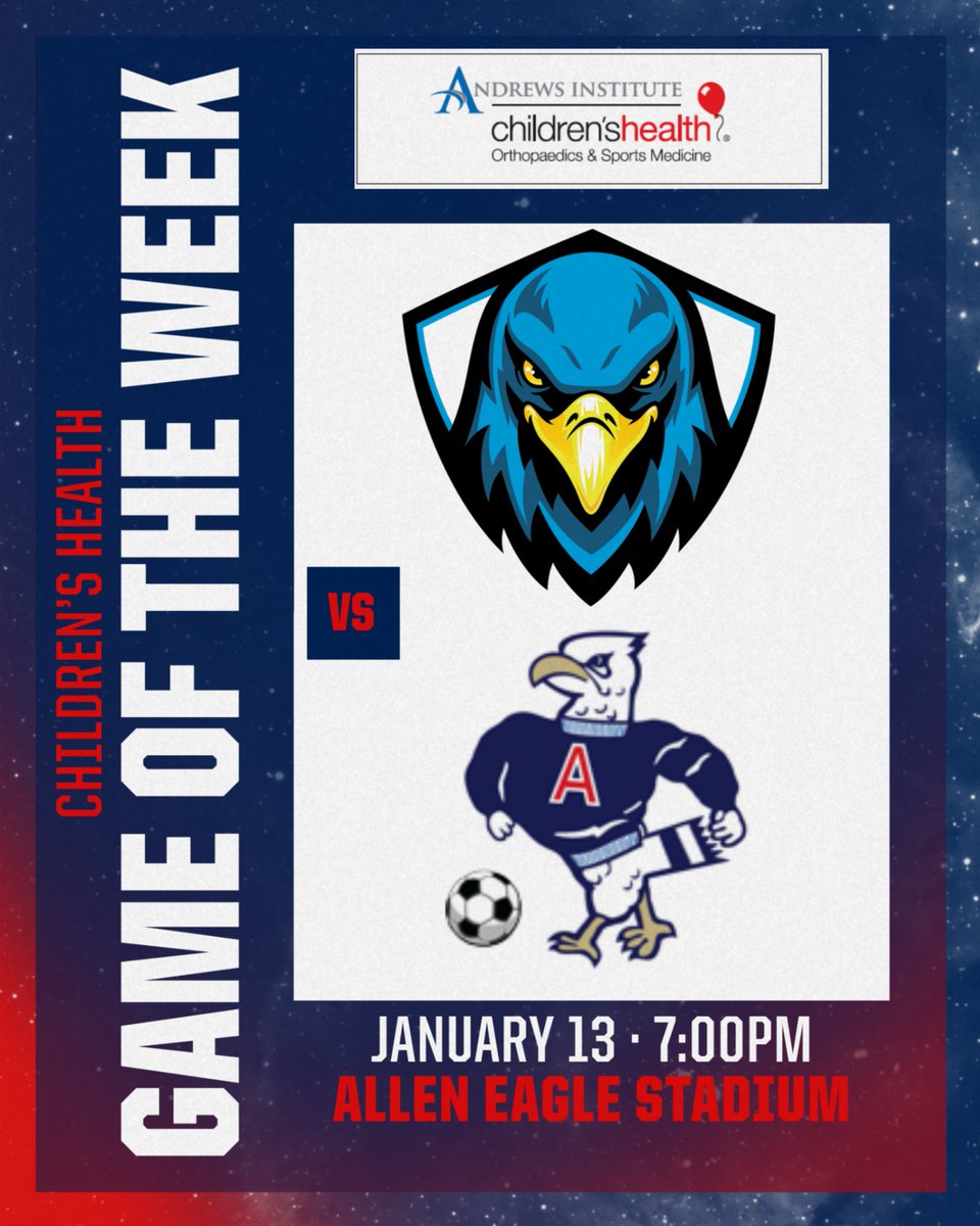 AllenEaglesAth's tweet image. Our Children’s Health Game of the Week is the boys’ soccer district opener!! Come on out to and support @AHS_B_Soccer as the open district play at home!!
@childrens @Allen_ISD @AllenHS_Eagles