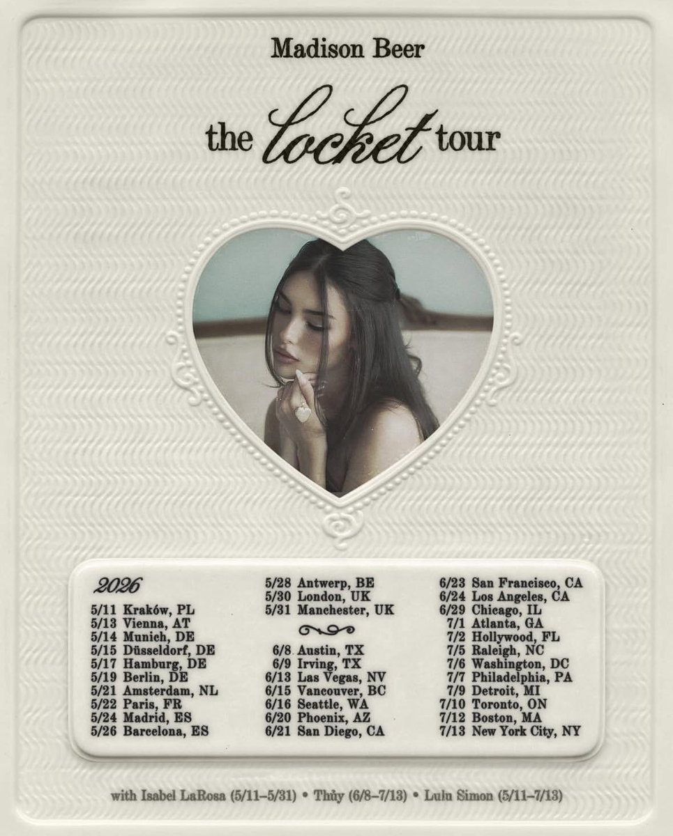 🚨 Madison Beer has officially announced The Locket tour, kicking off this May.