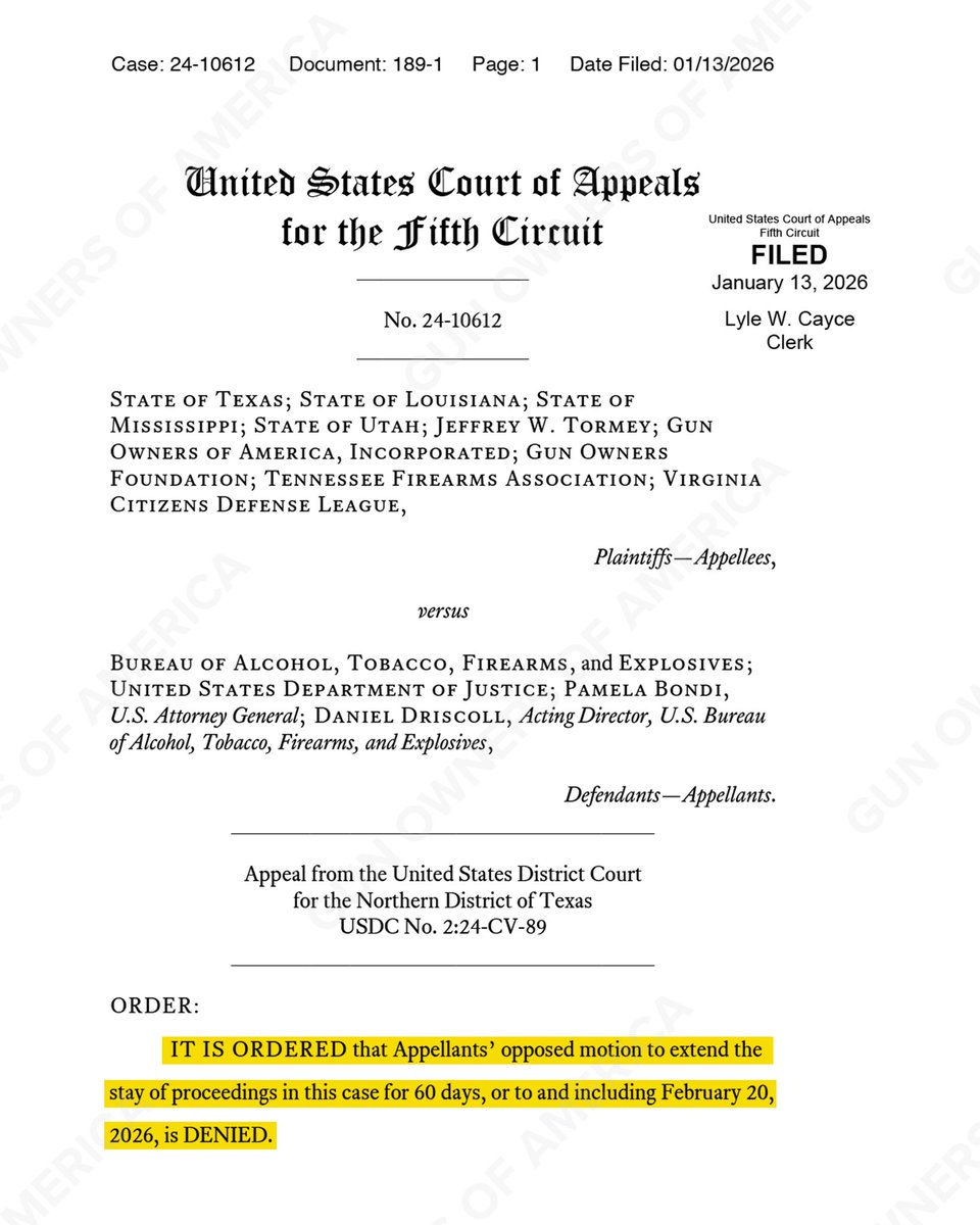 GunFoundation's tweet image. 🚨BREAKING🚨
 
The 5th Circuit just DENIED @TheJusticeDept's motion to continue nearly a year of delays in our lawsuit against ATF's "Engaged in the Business" rule.
 
"The most pro-2A AG in US history" must stop protecting Biden ATF infringements!