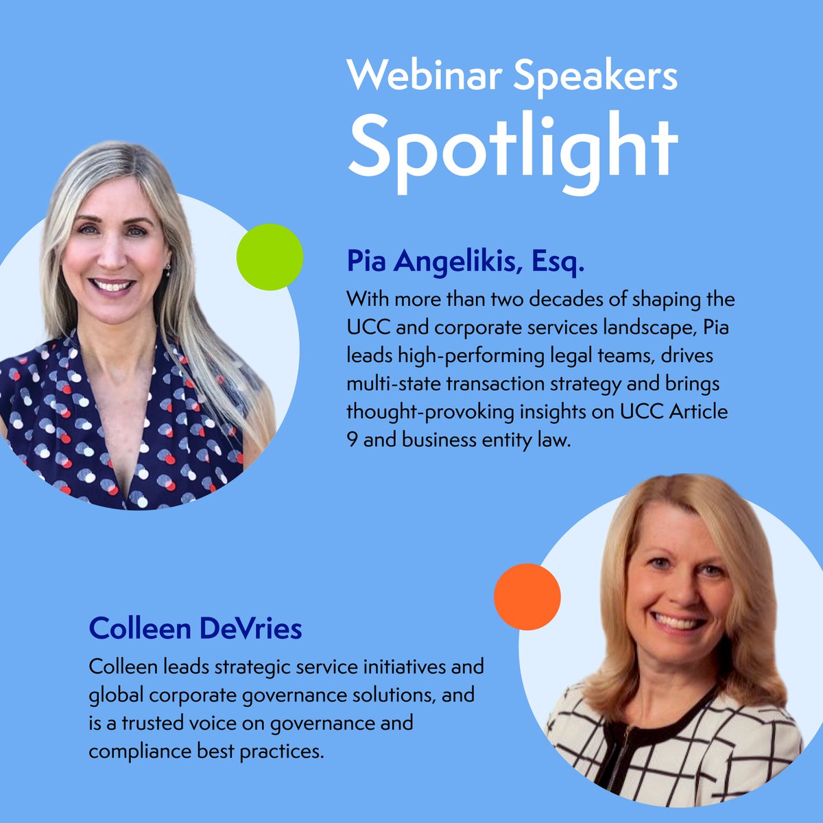 Meet our speakers:

Pia Angelikis, Esq., VP of Government Relations and Legal Research, and Colleen De Vries, SVP of Corporate Services at Cogency Global.
Join them for a free CLE webinar on process agents in finance.

Register: hubs.li/Q03-tVKv0

#CogencyGlobal